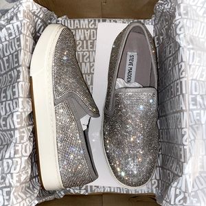STEVE MADDEN SILVER SEQUIN SLIP ON SNEAKERS